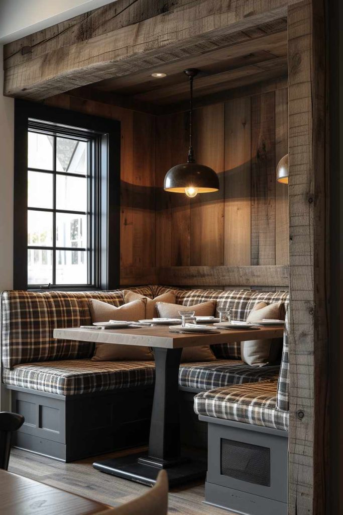 A rustic dining nook with checkered upholstered seating, a wooden table, a black metal pendant light and wood-paneled walls next to a window.