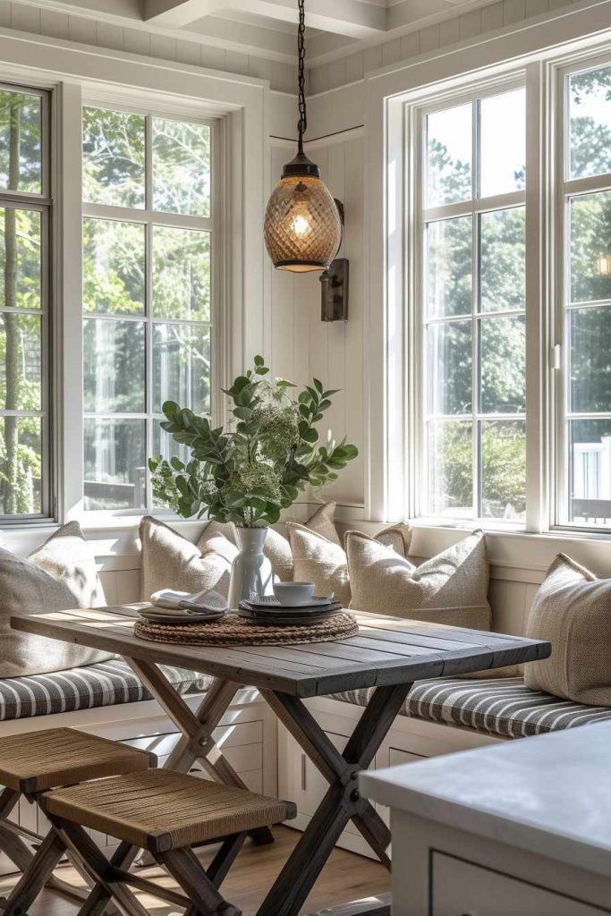 A cozy dining area with a built-in bench, cushions, a wooden table, two stools, a flower vase and a pendant lamp. Large windows provide natural light and a view of the greenery.