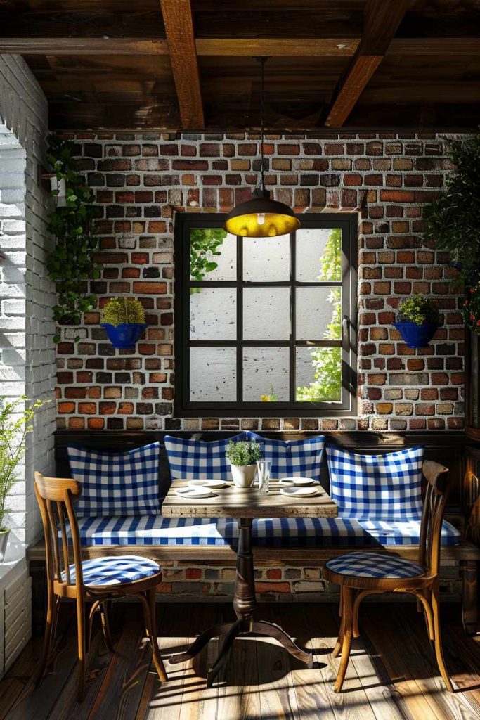 Cozy cafe corner with brick walls, a wooden table, blue checkered seating, potted plants, a pendant lamp and a window letting in natural light.