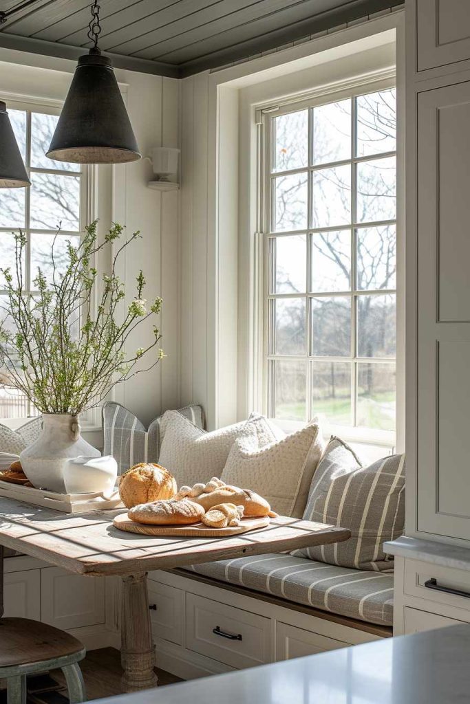 A cozy kitchen corner with an upholstered bench, cushions and a wooden table with a vase of green branches and a selection of bread. Large windows flood the room with natural light.