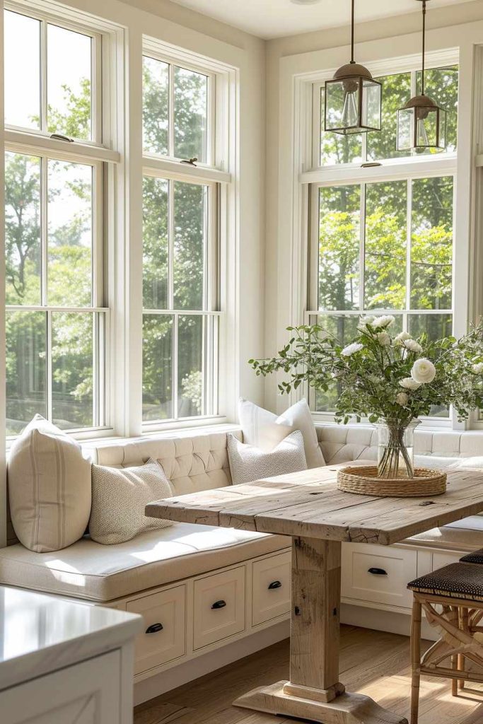 Bright dining area with large windows, a wooden table, built-in upholstered benches and green plants in a vase. Warm sunlight comes through the windows and illuminates the room.