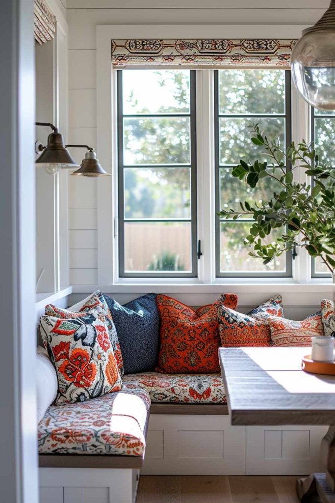 A cozy banquet corner with patterned cushions in red, orange and blue. A wooden table is set with a cup and large windows let in plenty of natural light. A green plant can be seen in the corner.