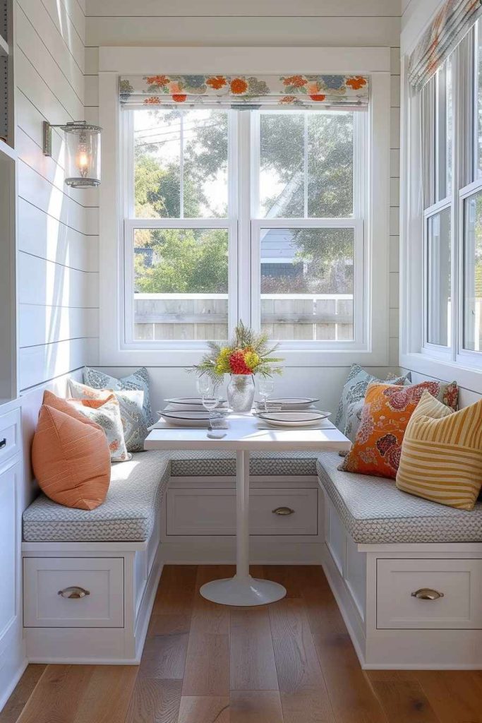 A cozy dining area with white built-in benches, colorful cushions, a small round table and a flower vase in the middle, illuminated by natural light from two large windows.