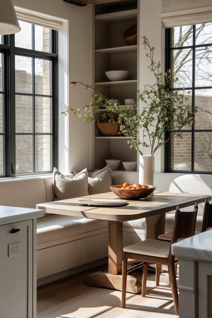 A cozy, sun-filled kitchen nook with a wooden table, a built-in bench with cushions, two wooden chairs and a bowl of oranges as a centerpiece. Shelf with decorative items in the corner.