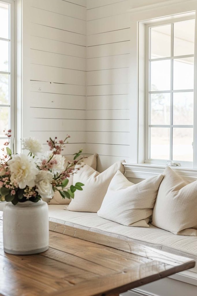 A cozy corner nook with a wooden table, white flower vase and cushioned seating by two large windows. The walls have light horizontal paneling.