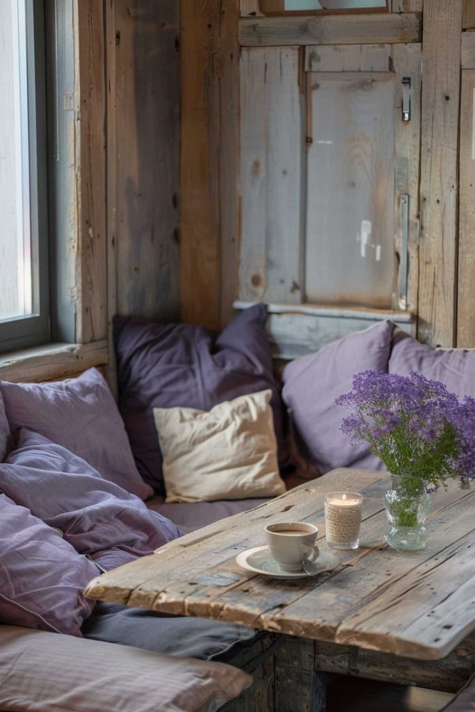 A rustic wooden table with a coffee cup and saucer, a white candle and a vase of purple flowers. The table is surrounded by padded benches in a cozy room with wooden walls and windows.