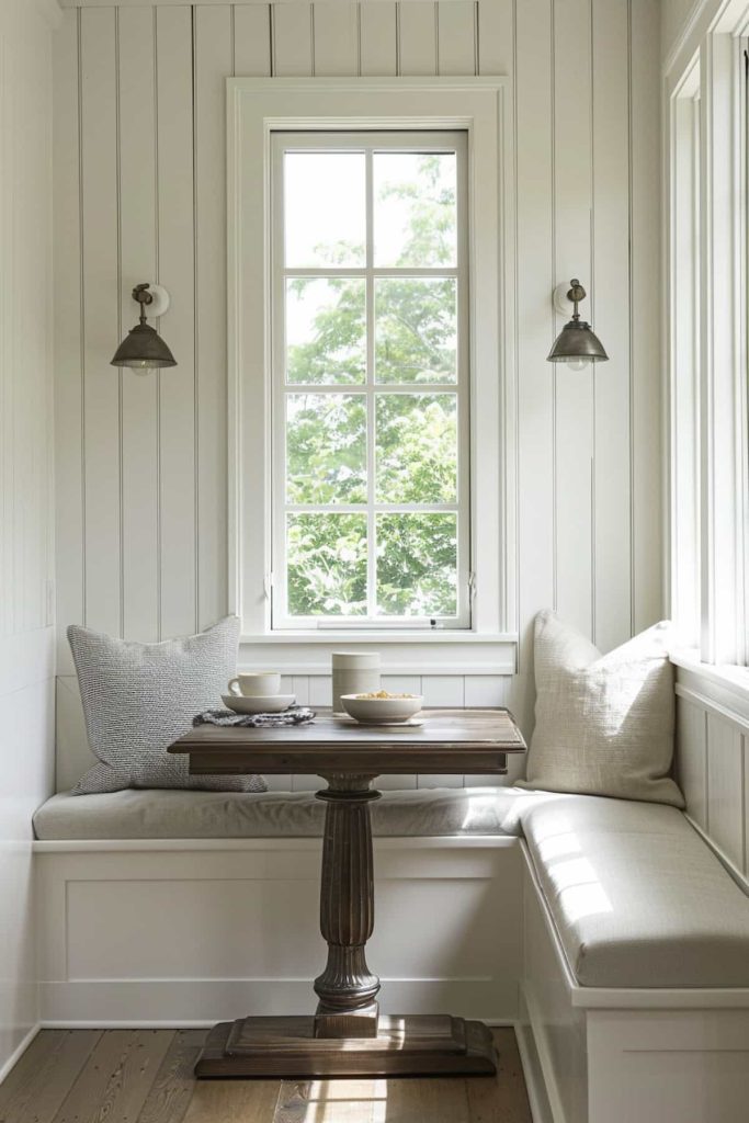 A cozy breakfast nook with a wooden table, upholstered benches, a window with a view of the greenery and two wall lamps. There are two bowls on the table, one of which is filled with cereal.