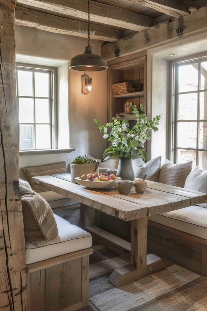 A rustic dining area with a wooden table and benches, decorated with a flower vase, a fruit bowl and pottery. The room is illuminated by a hanging lamp and natural light from the windows.