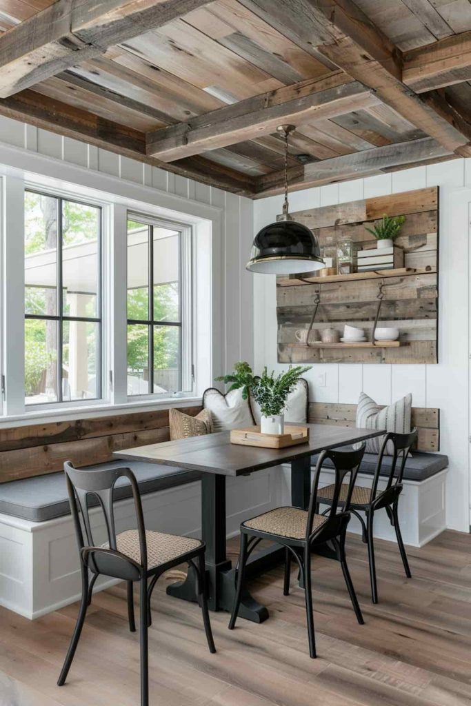 A cozy dining nook features a black table, black chairs with wicker seats, a built-in bench, a white-framed window, rustic wood walls, and a ceiling with exposed wood beams.