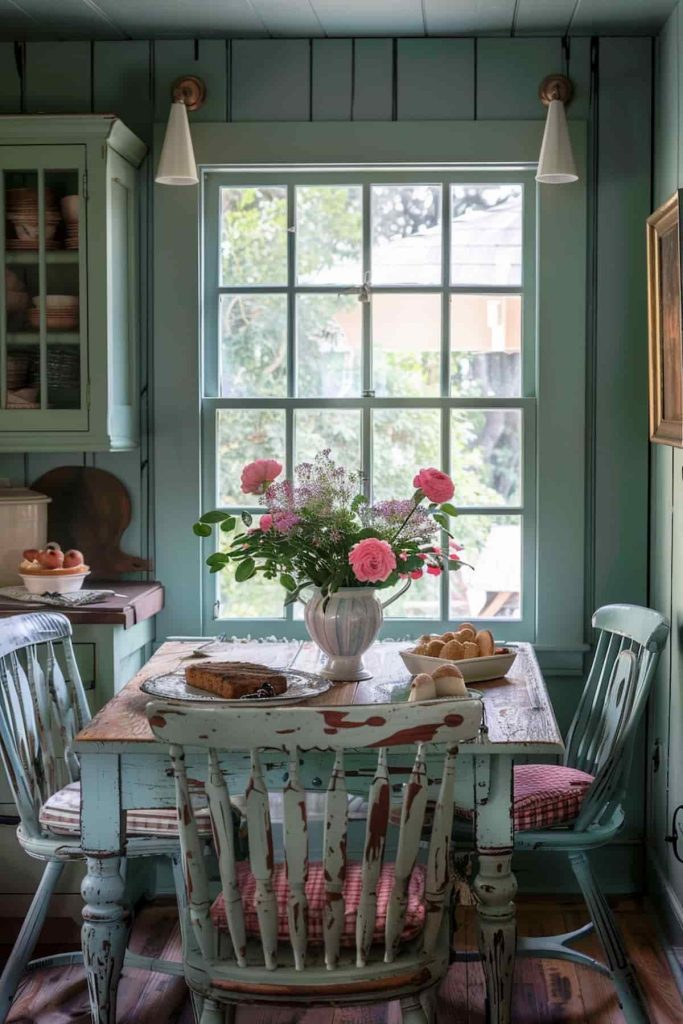 A cozy kitchen nook with bright green walls and furniture features a rustic wooden table, mismatched chairs, a vase of pink flowers, rolls and a view outside through a large window.