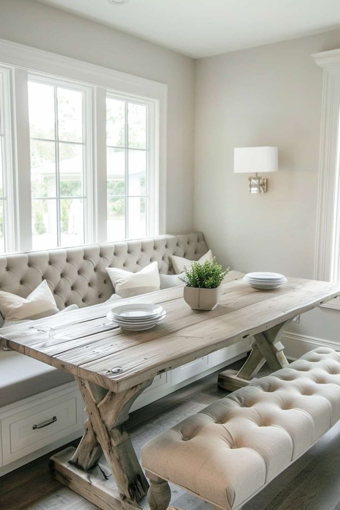 A bright dining area with a wooden table, cushioned bench seating and a built-in cushioned bench by the windows. The table is set with plates and a plant centerpiece.