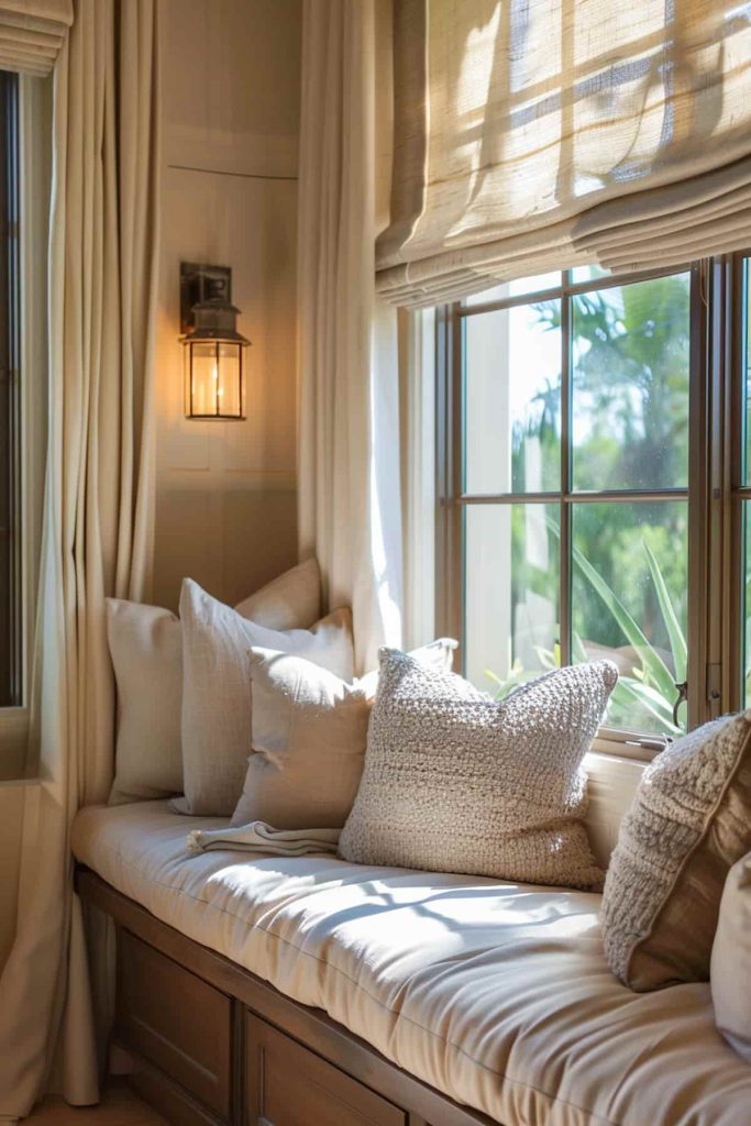 A cozy window seat with beige cushions and pillows, soft natural light coming through partially opened blinds, and a lantern-style wall light.