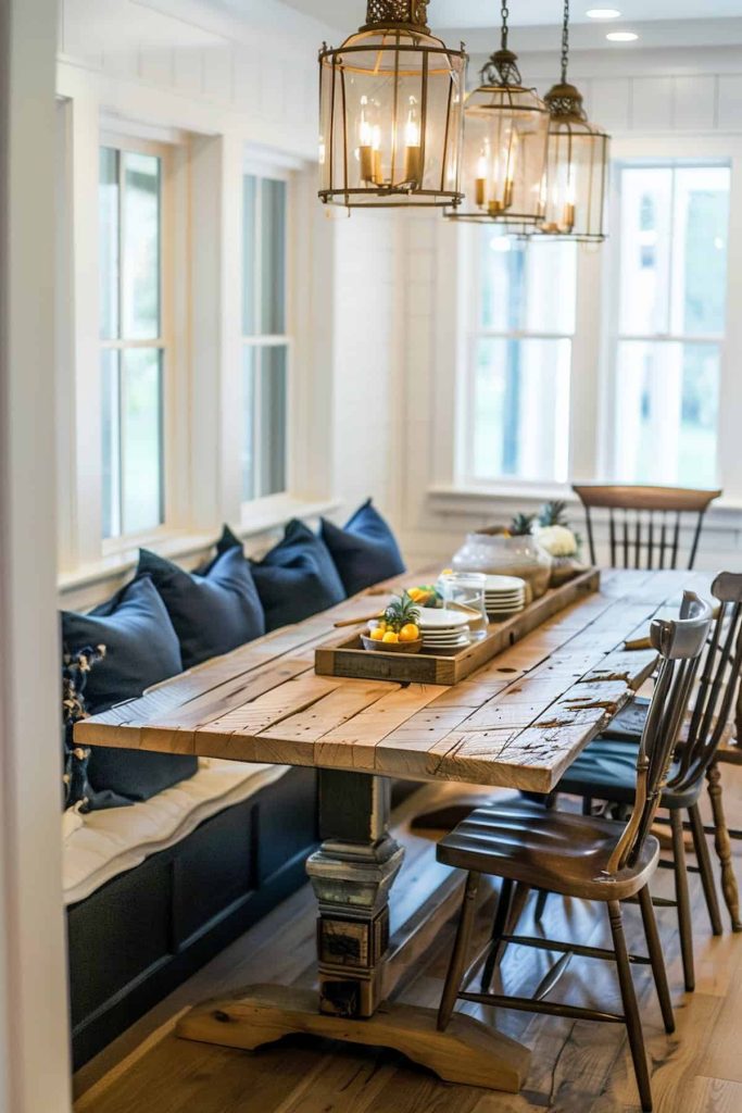 A rustic dining table with plates, glasses and a tray of lemons and candles, surrounded by wooden chairs and an upholstered windowsill with blue cushions, under hanging lantern lights.