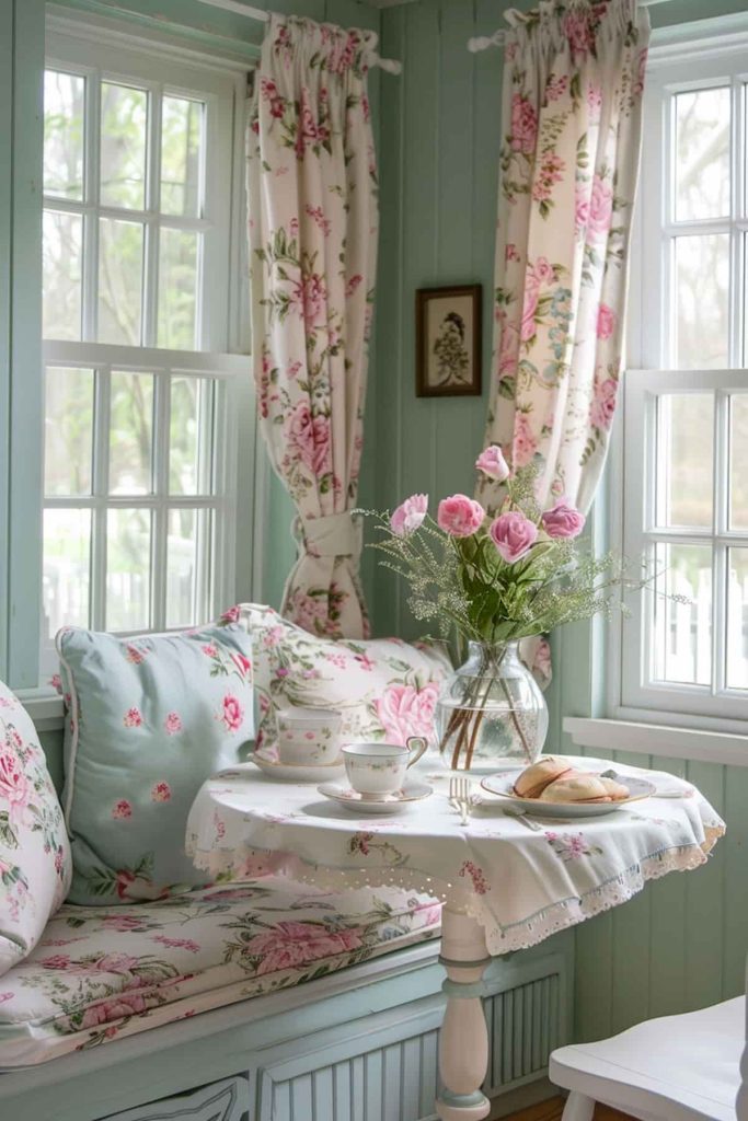 A cozy corner with floral cushions and curtains, a small table with a vase of pink flowers, a teacup, a plate of pastries and a fork, surrounded by windows that let in natural light.