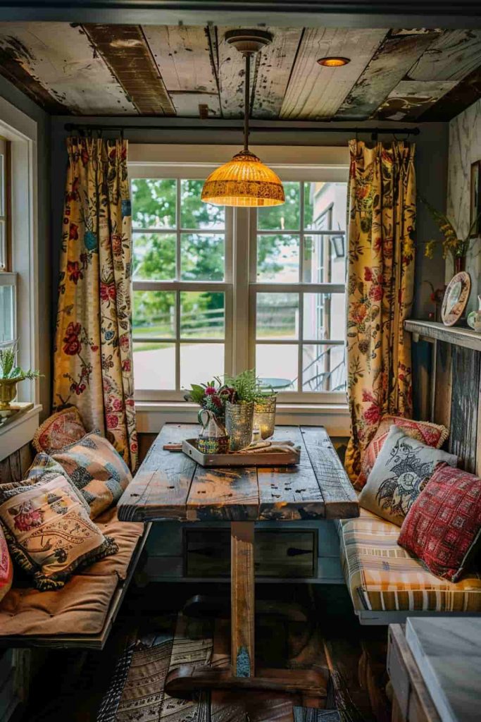 A cozy dining area with a rustic wooden table, floral curtains, patterned cushions and a hanging lamp. The room has a large window that offers natural light and a view of the greenery.