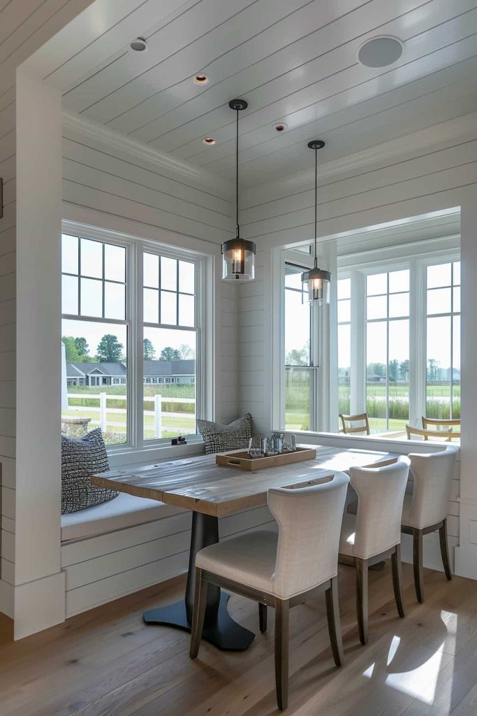 A sunlit dining area with a wooden table, upholstered benches and four white upholstered chairs. Large windows provide a view of the outside. Two pendant lights hang from the ceiling.