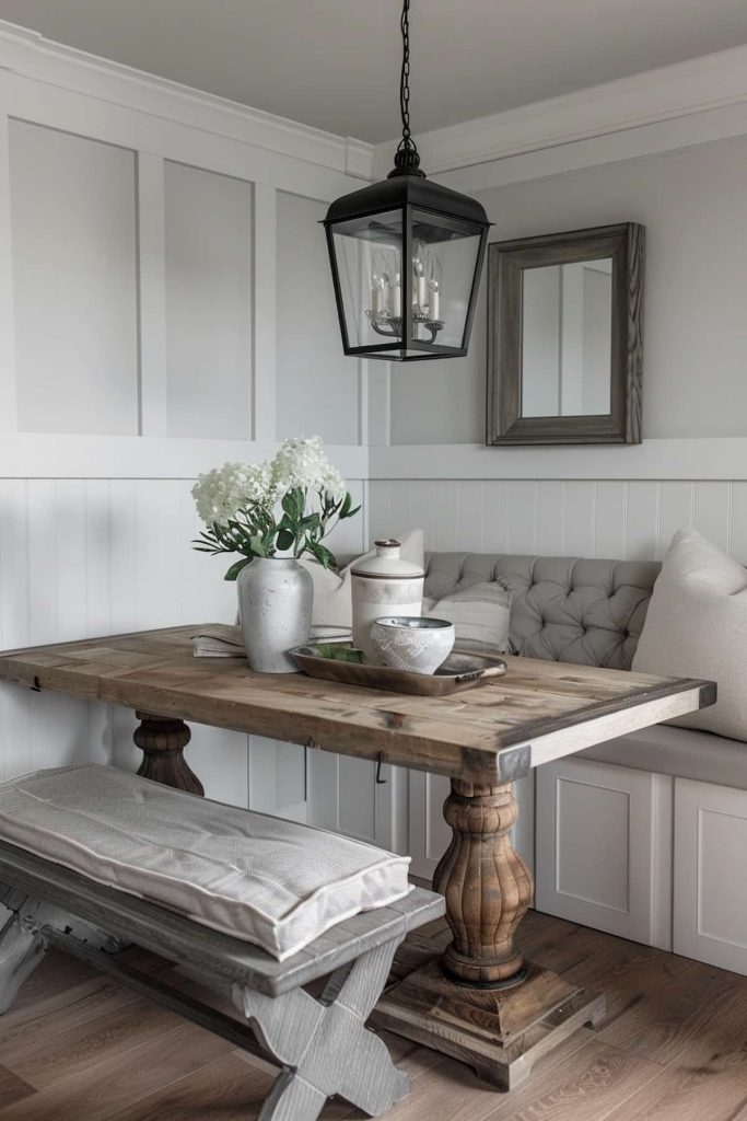 A rustic dining nook features a wooden table, upholstered benches, a hanging lantern light, a vase of white flowers, and neutral decor in a white-paneled room.