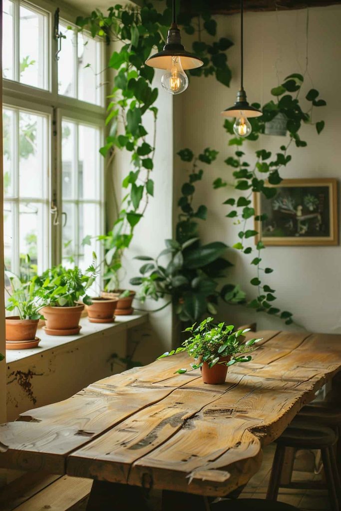 A rustic wooden table surrounded by potted plants sits near a window with hanging light fixtures above in a sunlit room.