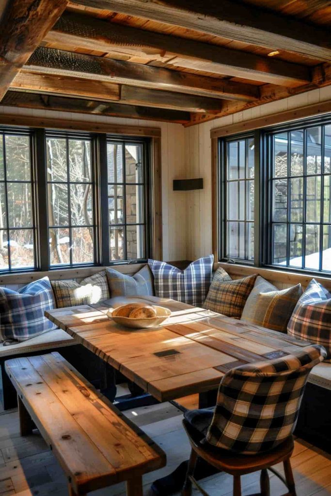 A rustic dining area with a wooden table, benches and checkered cushions on a surrounding bench. Large windows provide natural light and beamed ceilings add to the cozy atmosphere.