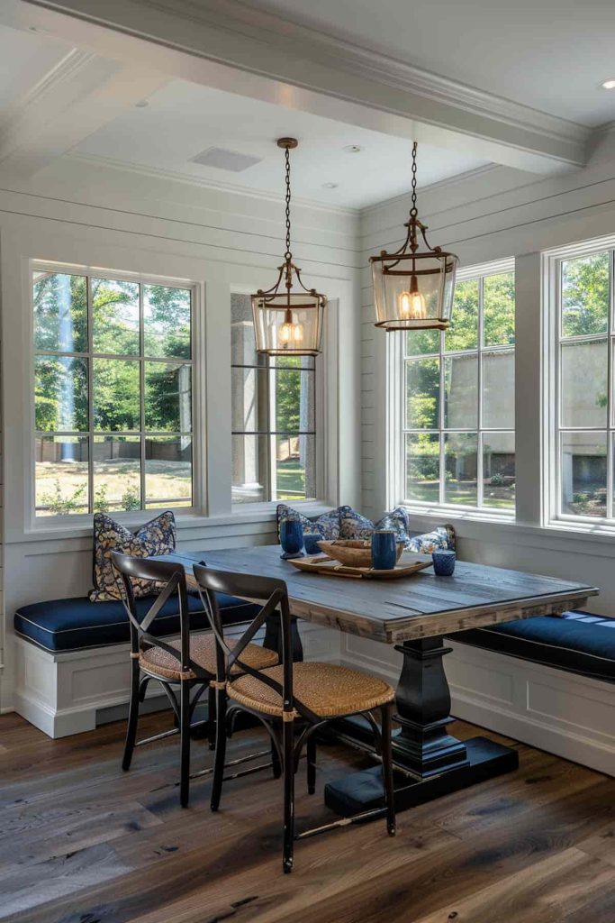 Sunlit dining area with benches, a wooden table and two pendant lights. Large windows look out onto a green outdoor area.