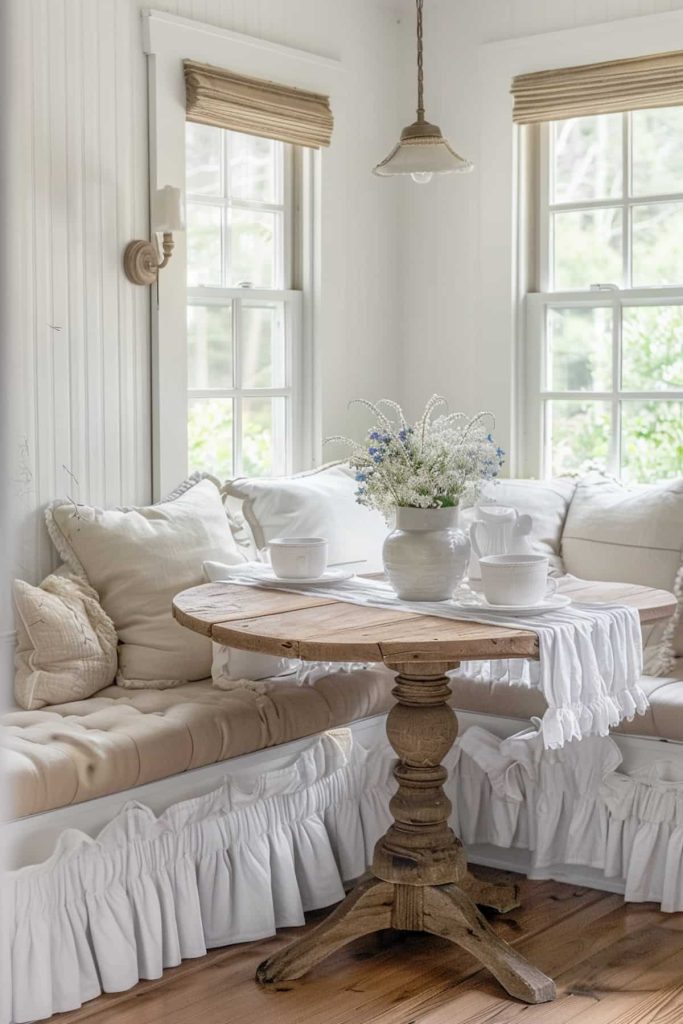 A cozy breakfast nook with a wooden table surrounded by upholstered benches and light curtains. There is a vase with flowers and cups on the table. Natural light streams through the windows.