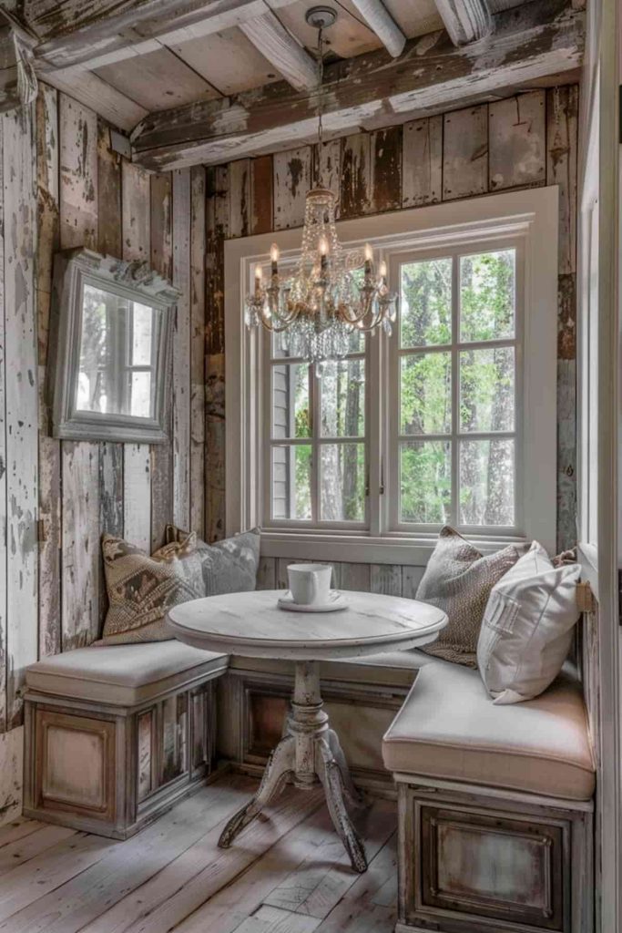 A rustic dining nook features a round table, upholstered benches, weathered wood walls, a chandelier, and a window to provide natural light.