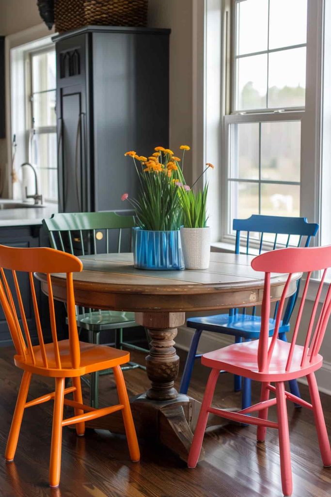 A round wooden table with a blue and white potted plant sits in a kitchen area with large windows, surrounded by colorful chairs in orange, green, blue and pink.