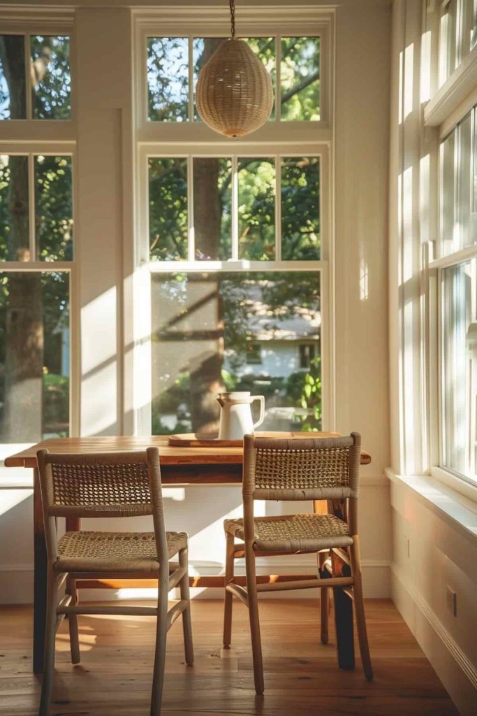 Two wicker chairs stand at a wooden table in a sunlit room with large windows and a view of the trees. A pendant light hangs above the table.