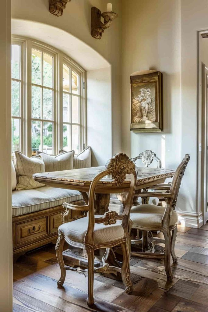 A sunlit dining nook with an ornate wooden table and chairs, a built-in cushioned bench next to a large window and a framed floral artwork on the wall.