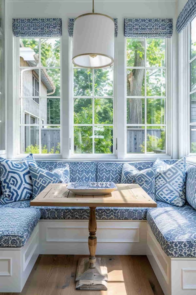 In a bright corner there is a wooden table, benches with blue and white patterned cushions and large windows overlooking the garden. A hanging white lamp brightens the room.