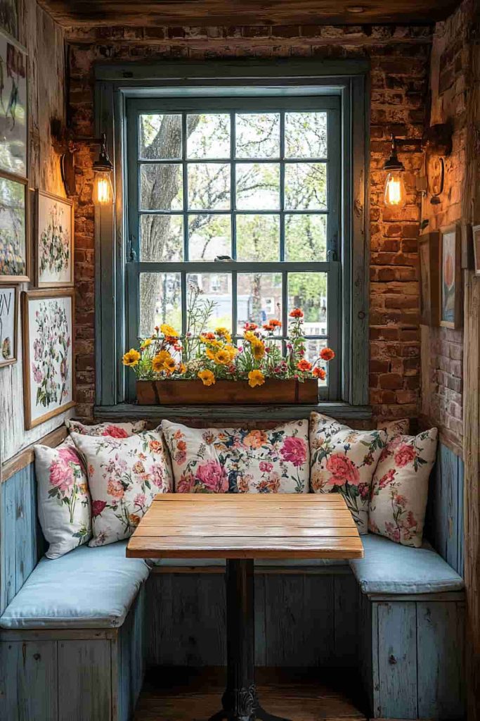 A cozy corner with a wooden table and upholstered benches decorated with floral cushions next to a window with a flower box. Rustic brick walls and hanging light bulbs add to the rustic charm.