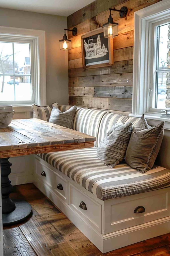 A cozy dining area with an upholstered bench with striped upholstery, wooden table and decorative cushions. The walls are decorated with wood paneling and framed artwork and are illuminated by two small lamps.