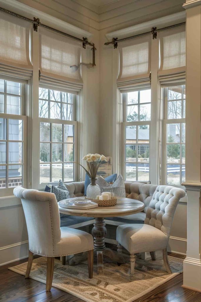 A cozy dining area with a round wooden table surrounded by tufted upholstered chairs and a vase of flowers on the table. Large windows with blinds provide natural light and outdoor views.