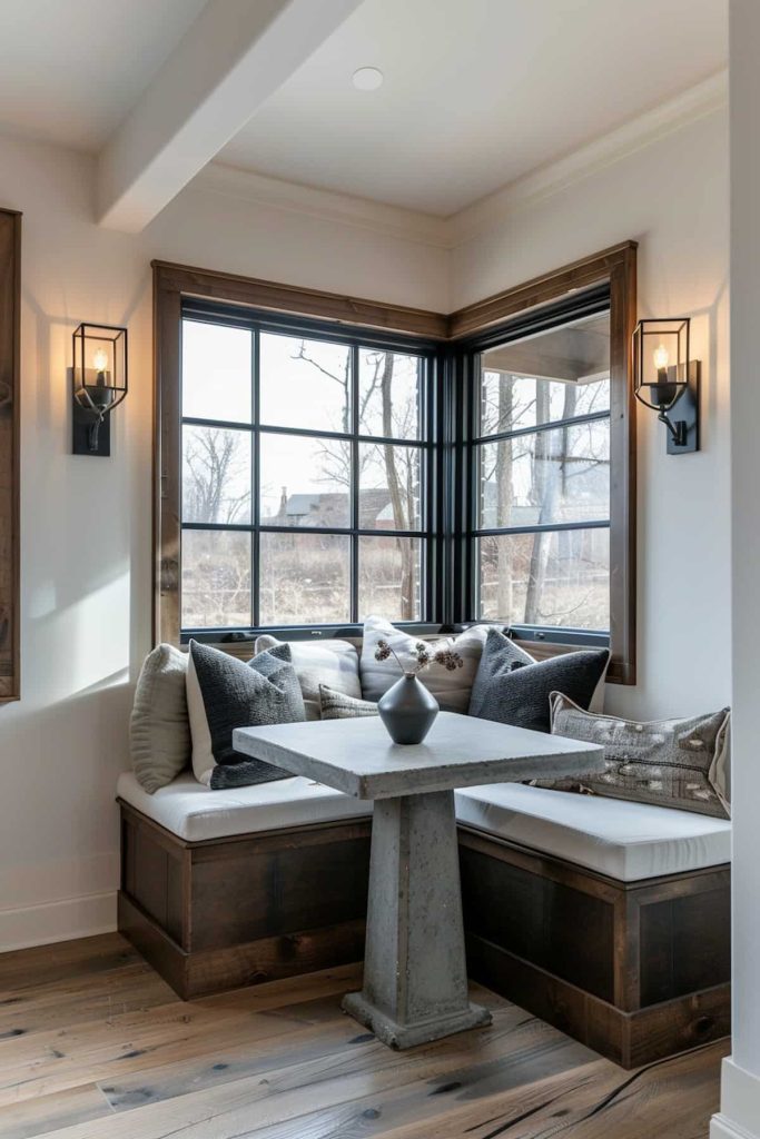 A cozy corner nook features a built-in bench with cushions, a square table, and large windows that fill the room with natural light.