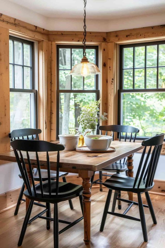 A wooden dining table with a flower vase, bowls and a bottle surrounded by four black chairs in a room with large windows and wooden paneling, lit by a pendant lamp.