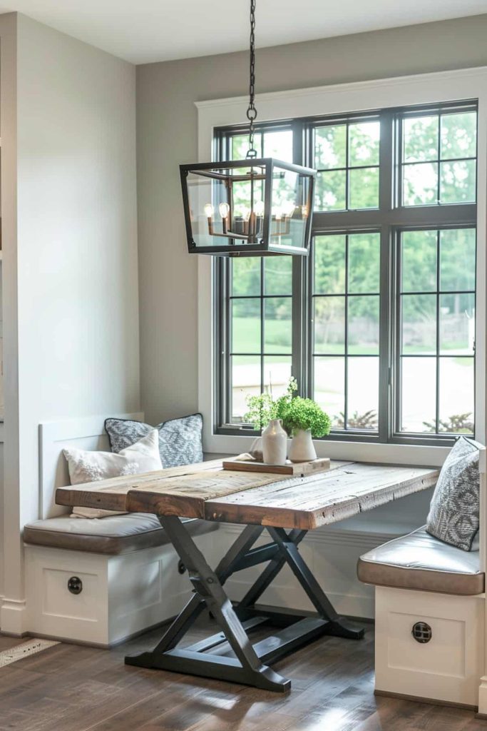 A cozy dining area with a rustic wooden table, upholstered benches, decorative pillows and a modern pendant light. Large windows provide a view of the greenery.