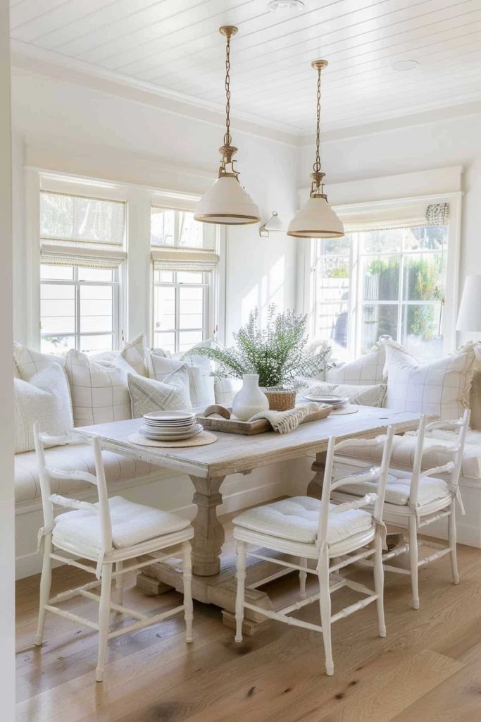 A bright, white dining area with a wooden table, upholstered bench seating by the windows, four white chairs and two pendant lights hanging from the ceiling.