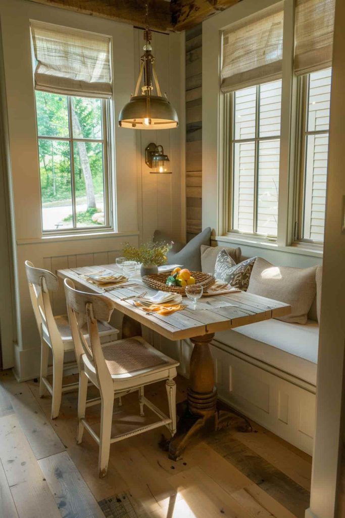 A cozy dining area with a wooden table, two chairs, a window seat, place settings, a basket with bread and fruit and a hanging pendant light. Sunlight streams through the windows.