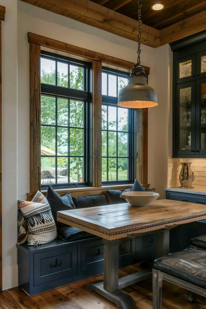 A cozy corner in a kitchen with a wooden table with black upholstered benches, cushions, large windows and a metal pendant lamp above the table.