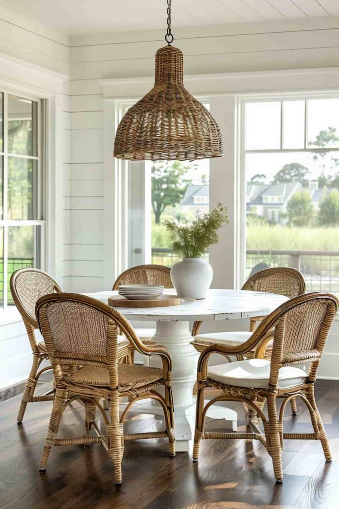 A dining area with a round white table, four wicker chairs, a wicker pendant lamp and a white vase with green plants on the table surrounded by windows overlooking trees and houses.