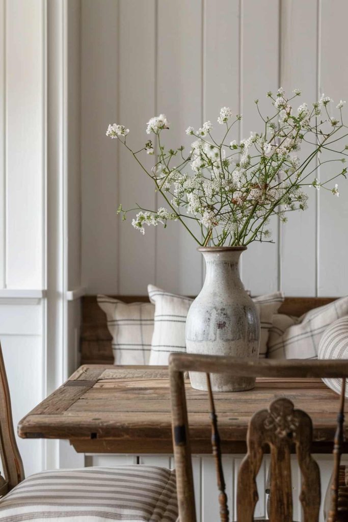 A rustic wooden table with a ceramic vase of white flowers. Striped cushions lie on a bench in the background in front of a white-paneled wall.