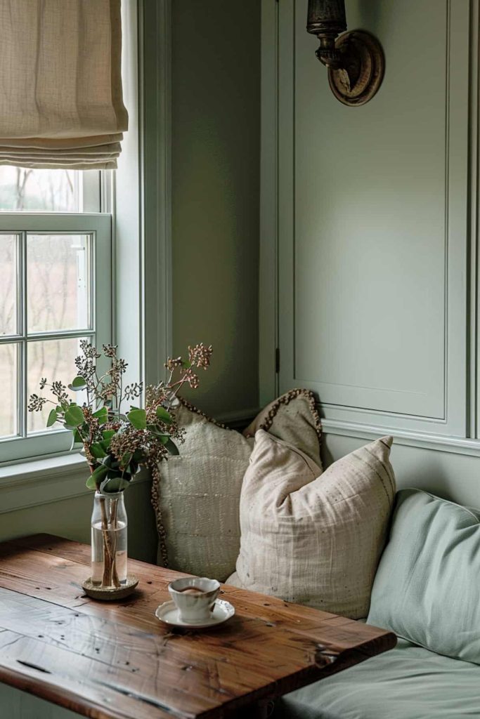 A cozy corner with a wooden table, a cup of coffee and a glass vase with green plants. Two pillows rest on a built-in bench against a green wall near a light-colored window.