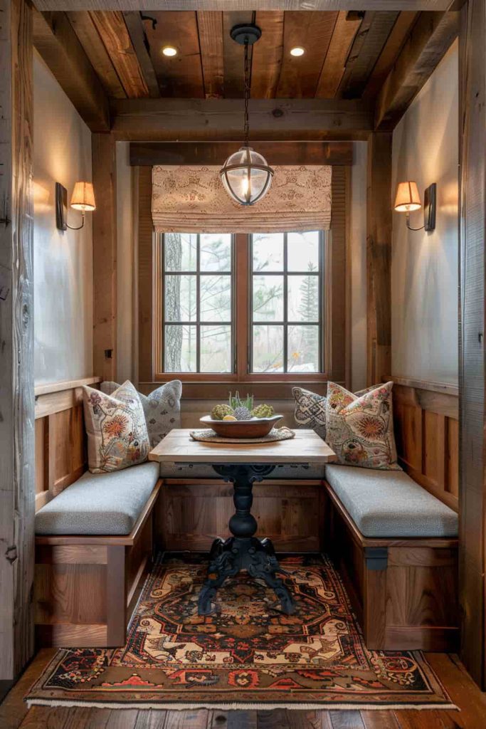 Cozy wooden corner with a table and two upholstered benches, soft lighting, decorative pillows, a patterned carpet and a window with a view.