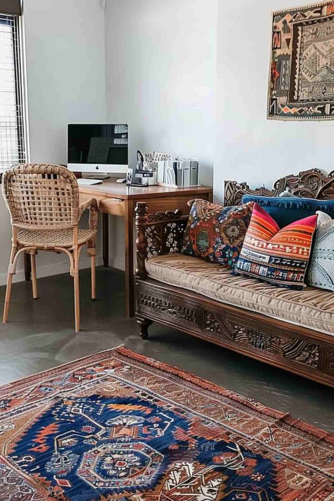 an office with an antique wooden daybed rich in ornate carvings 