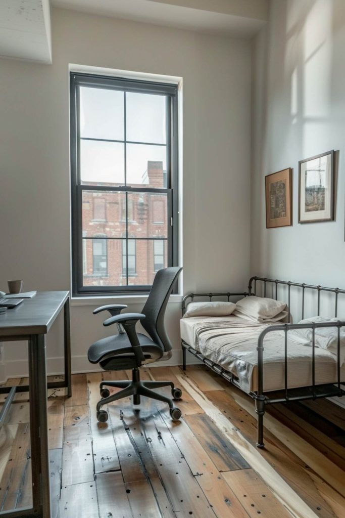 An industrial-style office with a daybed with a sturdy iron frame