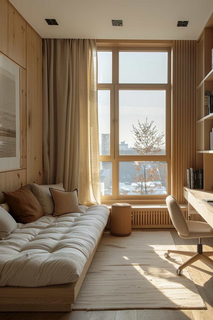 a Scandinavian-style home office with a minimalist wooden daybed, wooden desk and built-in shelves