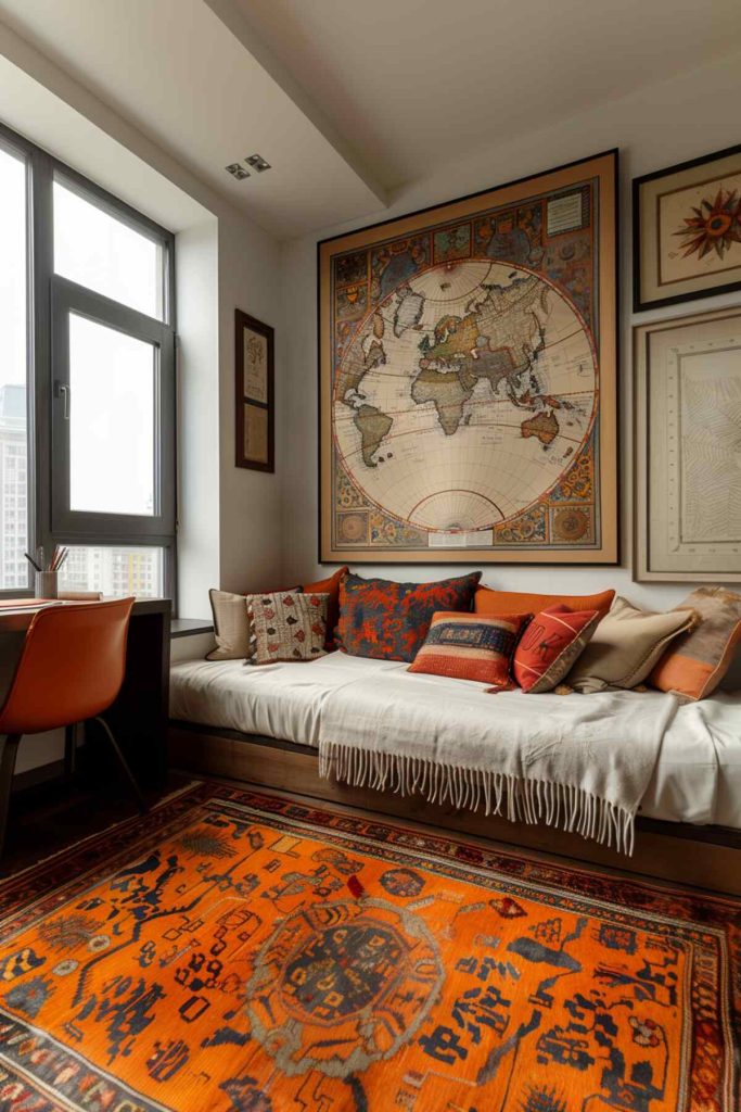 an office with a dark wood daybed and light pillows, an ornate antique rug, map art, and a wooden desk with an orange chair