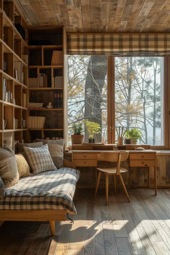 a farmhouse-style office with a wooden daybed with checked linens