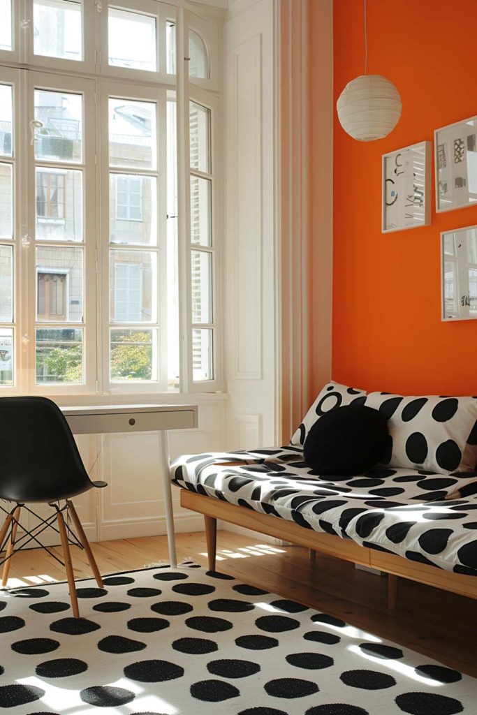 A home office interior featuring a light wood daybed adorned with black and white polka dot pillows and a rug with matching patterns