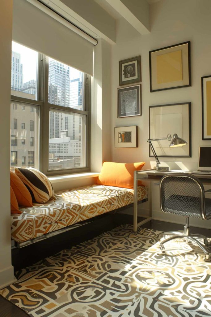 an office with a daybed with striking geometric patterns and a steel desk and chair